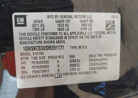 2013 Chevrolet Tahoe Ltz z USA, uszkodzony, nr VIN 1GNSKCE02DR291171